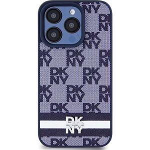 DKNY PU Leather Checkered Pattern and Stripe Zadný Kryt na iPhone 15 Pro Max Blue