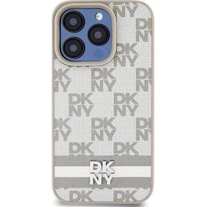 DKNY PU Leather Checkered Pattern and Stripe Zadný Kryt na iPhone 14 Pro Beige