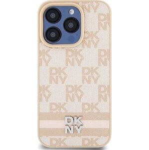 DKNY PU Leather Checkered Pattern and Stripe Zadný Kryt na iPhone 14 Pro Pink