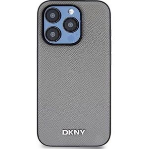 DKNY PU Leather Silver Metal Logo Magsafe Zadný Kryt na iPhone 15 Pro Grey